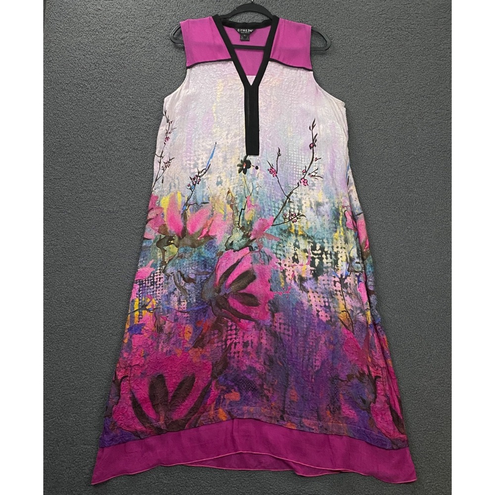 Citron Santa Monica Dress size Large 100% Silk Floral Sleeveless Asian Cherry